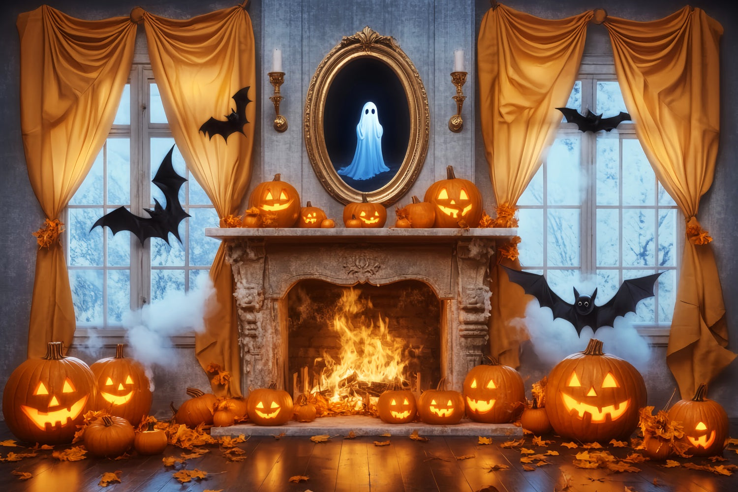 Ghost Backdrop Mirror Fireplace Pumpkins Ghost Halloween Picture Backdrop UK LXX59-85