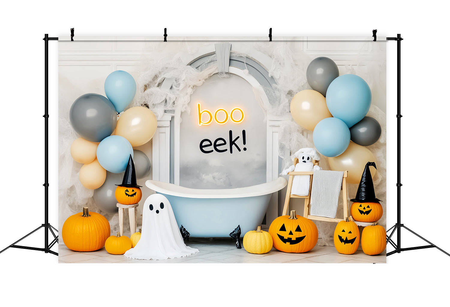 Ghost Backdrop Pumpkins Ghost Balloons Bathtub Cute Halloween Backdrop UK LXX59-86