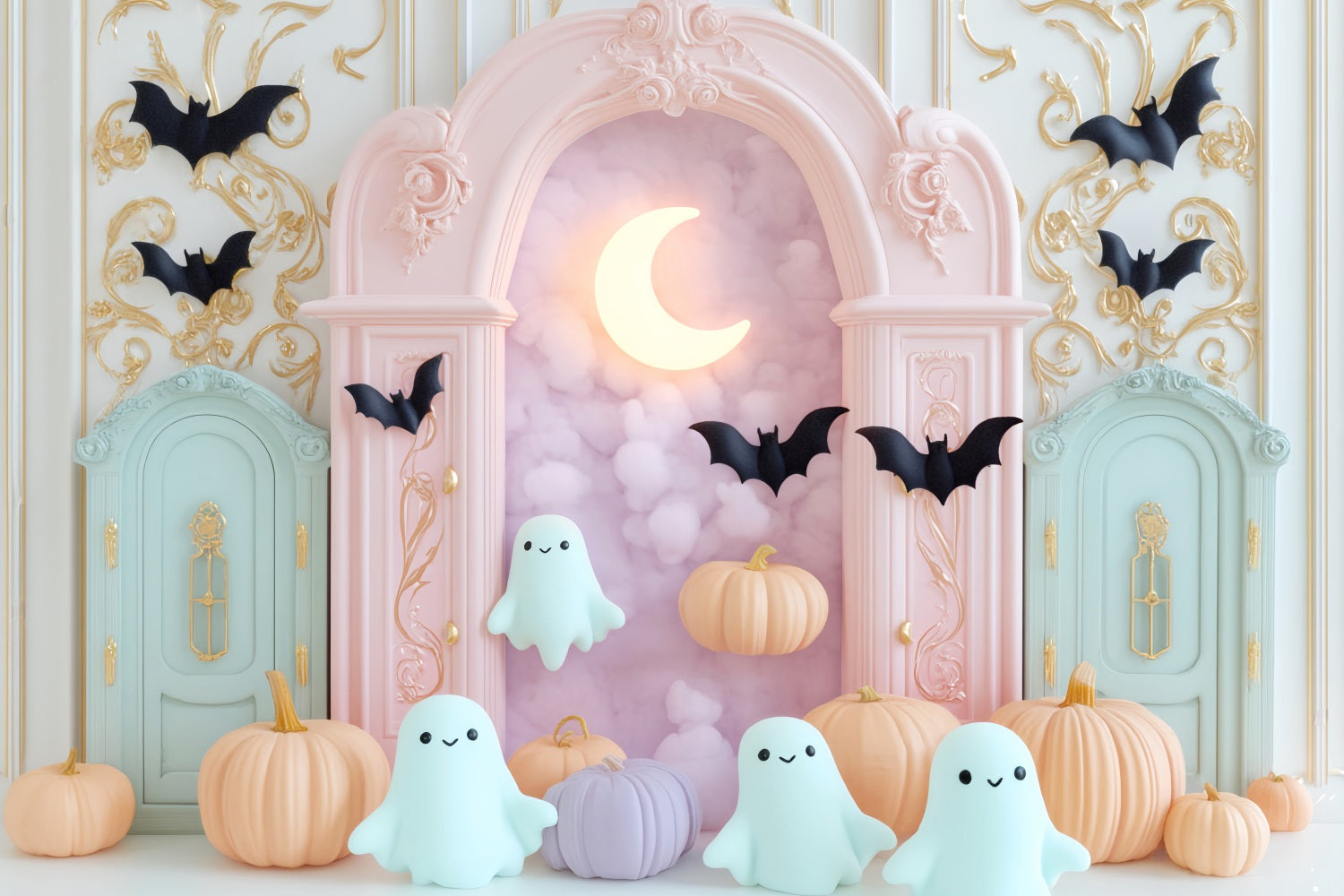 Halloween Ghost Backdrop Pastel Ghost Bat Moon Cute Halloween Backdrop UK LXX59-89