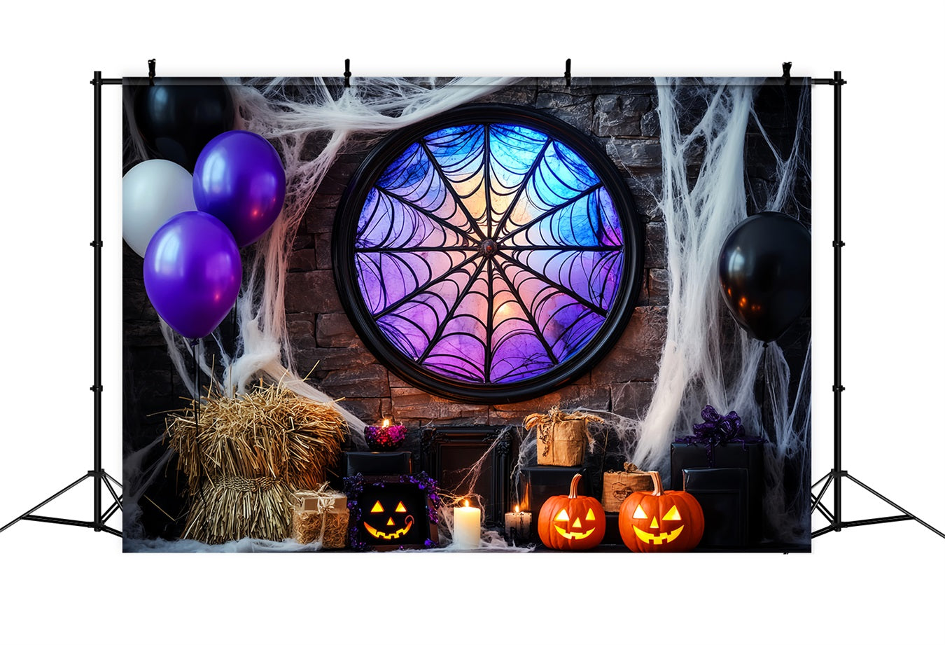 Bat Backdrop Spiderweb Stained Glass Window Halloween Photo Booth Backdrop UK LXX59-92