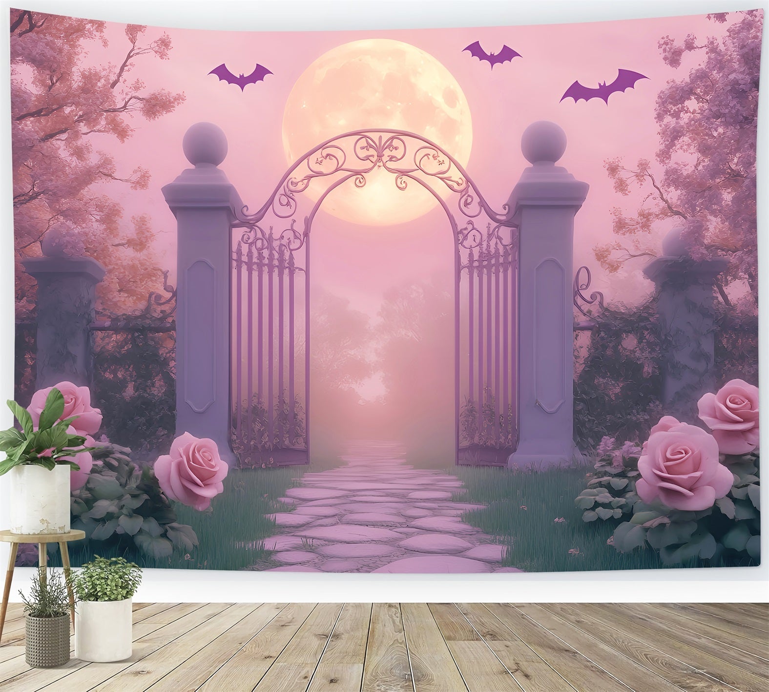 Spider Backdrop Moonlit Garden Gate Roses Halloween Photography Backdrop UK LXX59-93