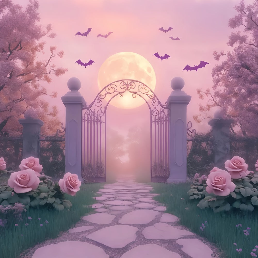 Spider Backdrop Moonlit Garden Gate Roses Halloween Photography Backdrop UK LXX59-93