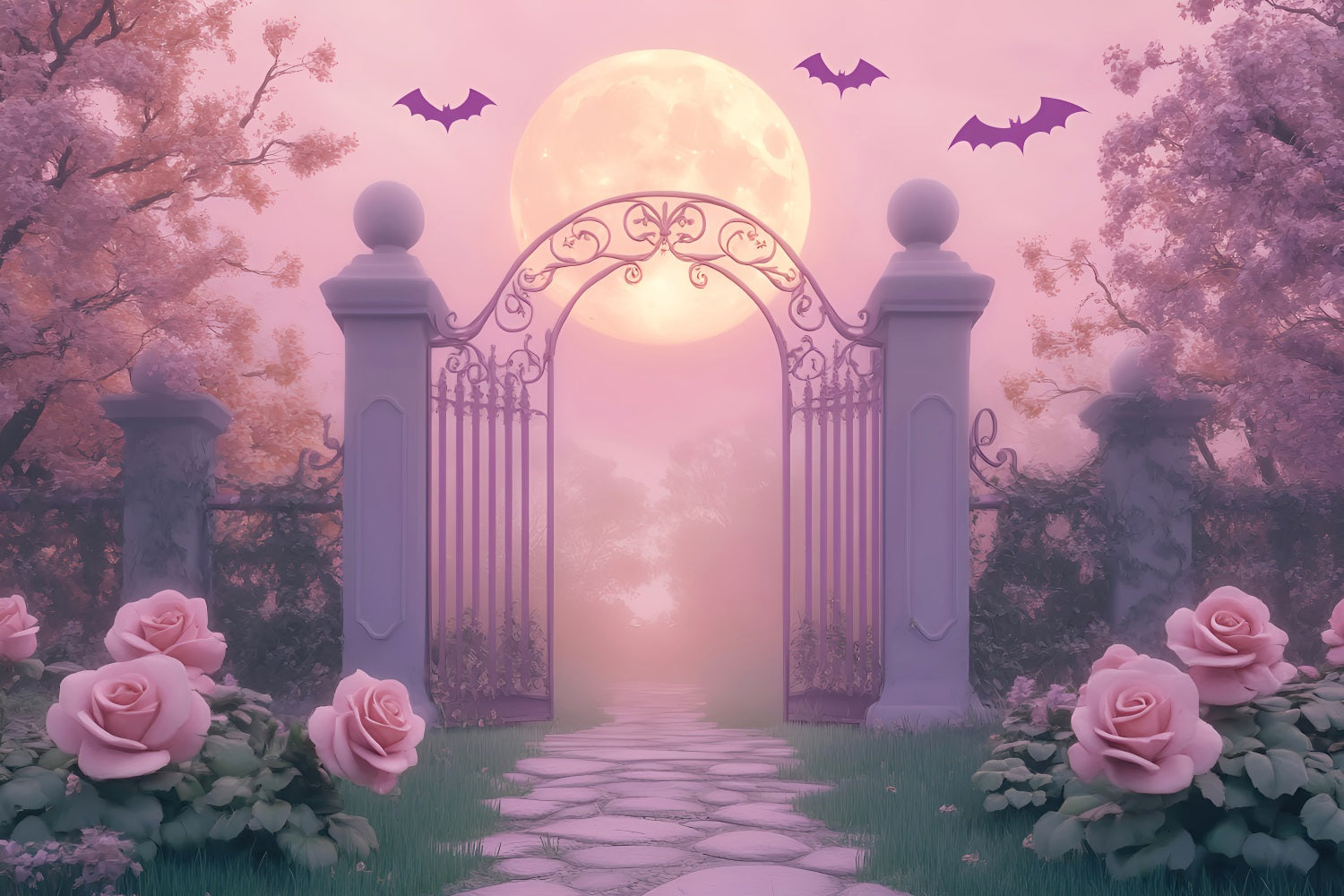 Spider Backdrop Moonlit Garden Gate Roses Halloween Photography Backdrop UK LXX59-93