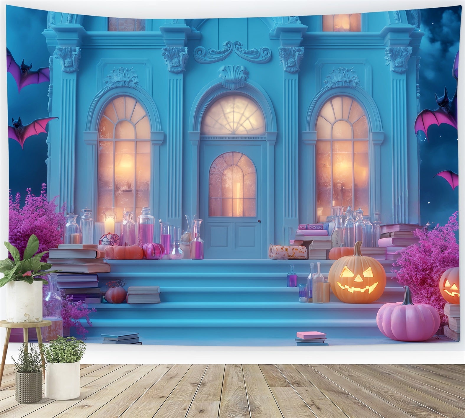 Halloween Bat Backdrop Haunted Mansion Pumpkin Steps Halloween Backdrop UK LXX59-94