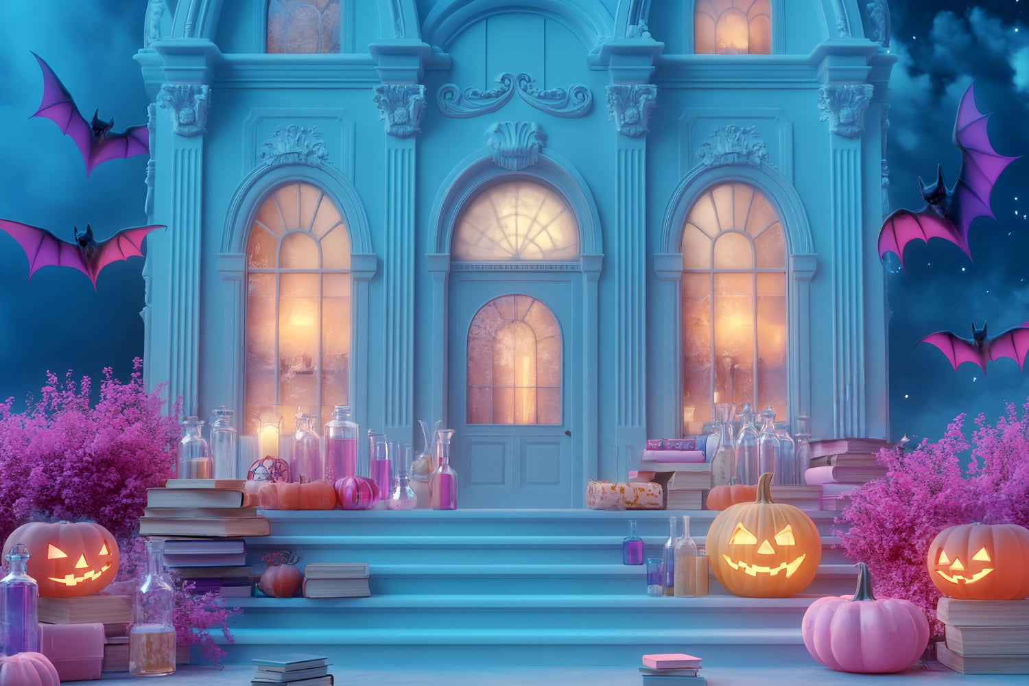 Halloween Bat Backdrop Haunted Mansion Pumpkin Steps Halloween Backdrop UK LXX59-94