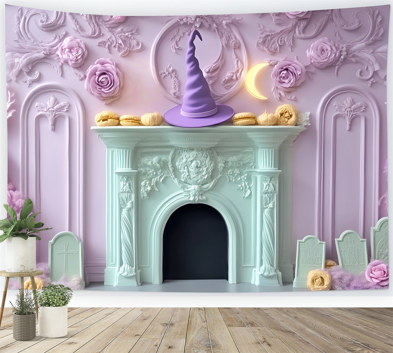 Halloween Bat Backdrop Pastel Witch Hat Fireplace Halloween Backdrops UK LXX59-95