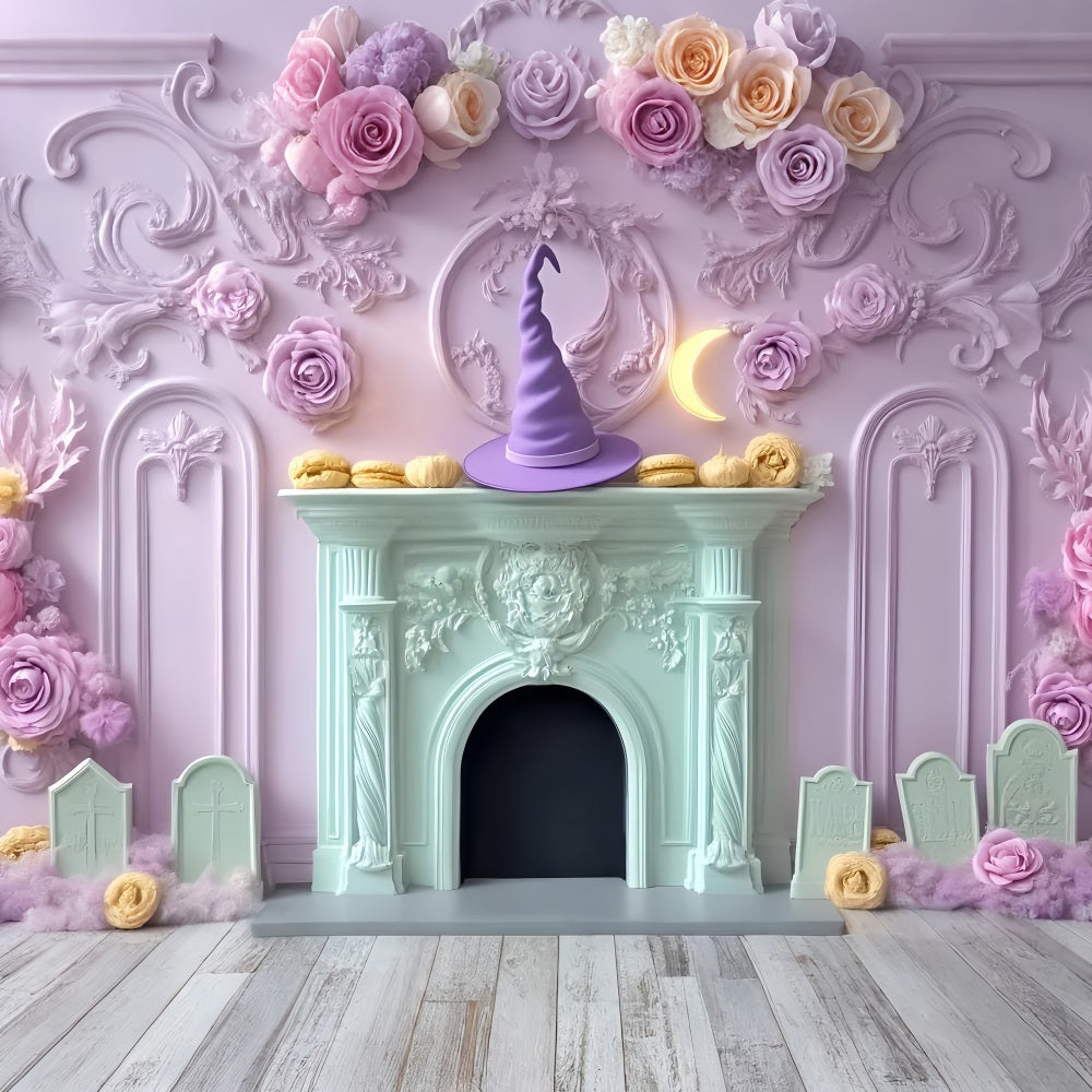 Halloween Bat Backdrop Pastel Witch Hat Fireplace Halloween Backdrops UK LXX59-95