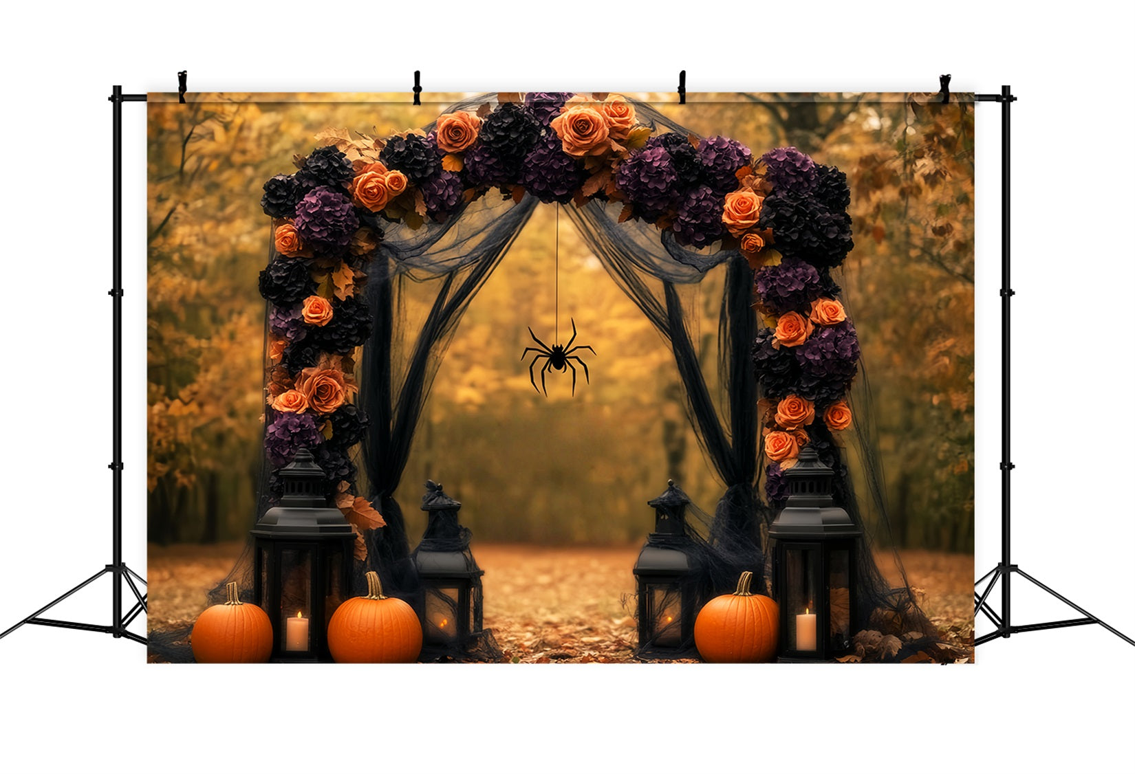 Spider Backdrop Autumn Floral Arch Pumpkins Lanterns Halloween Photo Backdrop UK LXX59-96