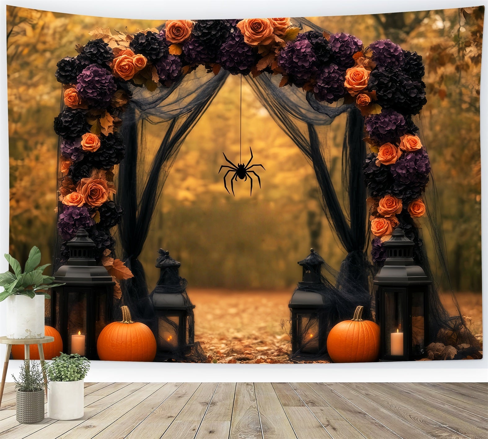 Spider Backdrop Autumn Floral Arch Pumpkins Lanterns Halloween Photo Backdrop UK LXX59-96