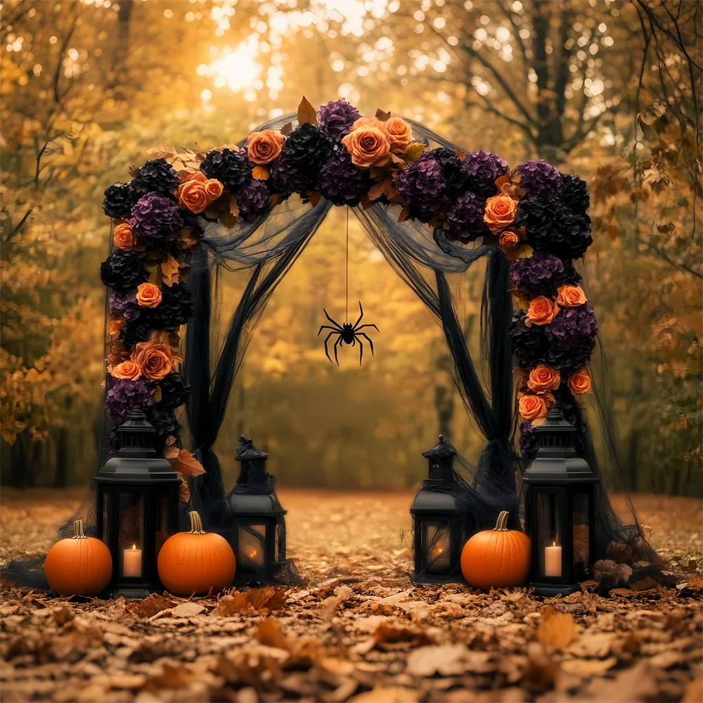 Spider Backdrop Autumn Floral Arch Pumpkins Lanterns Halloween Photo Backdrop UK LXX59-96