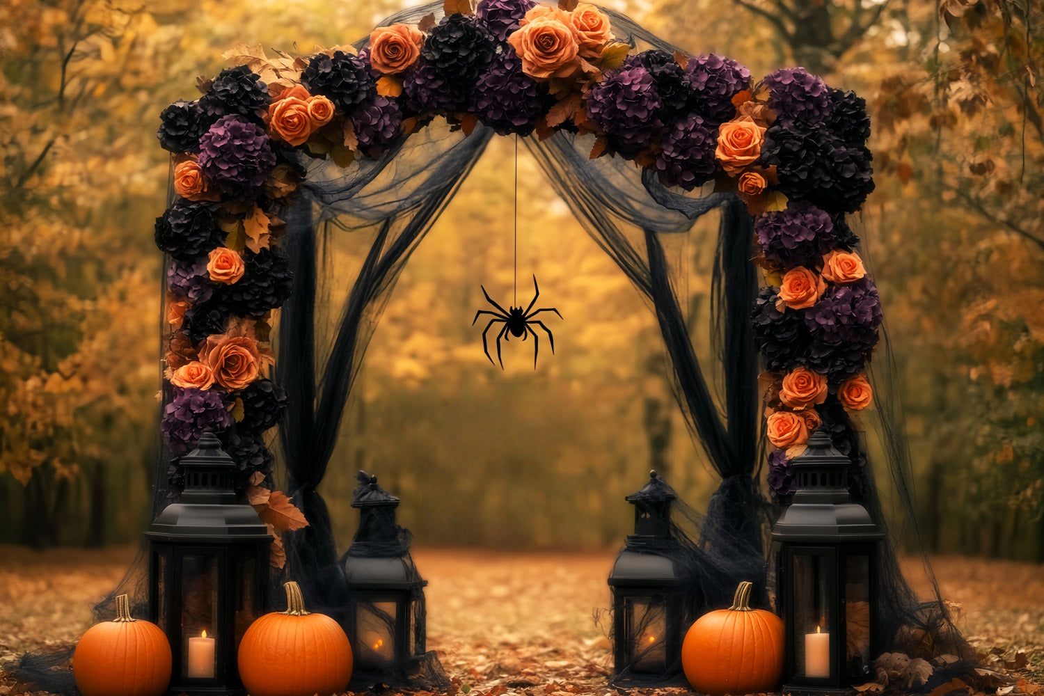 Spider Backdrop Autumn Floral Arch Pumpkins Lanterns Halloween Photo Backdrop UK LXX59-96