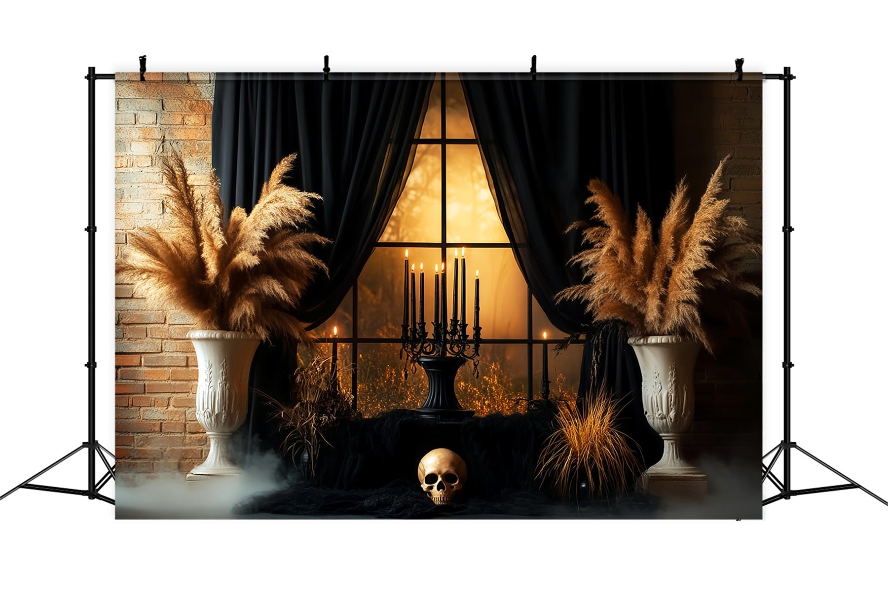 Creepy Backdrop Black Curtain Skull Candlelit Window Halloween Photo Backdrops UK LXX59-99