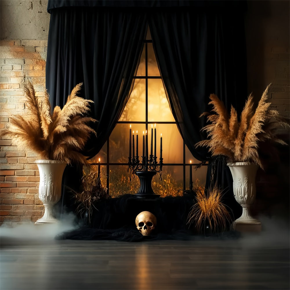 Creepy Backdrop Black Curtain Skull Candlelit Window Halloween Photo Backdrops UK LXX59-99