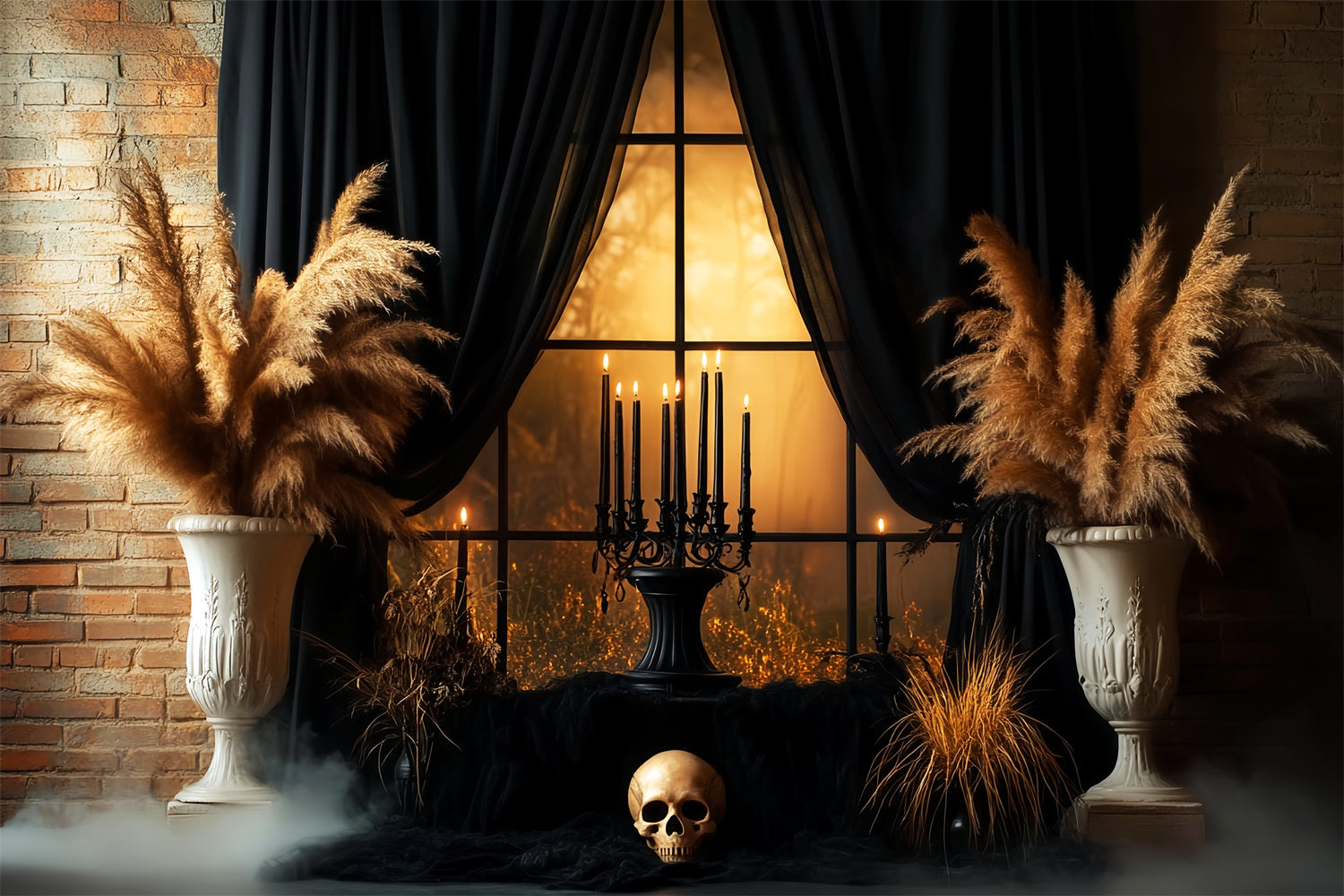 Creepy Backdrop Black Curtain Skull Candlelit Window Halloween Photo Backdrops UK LXX59-99