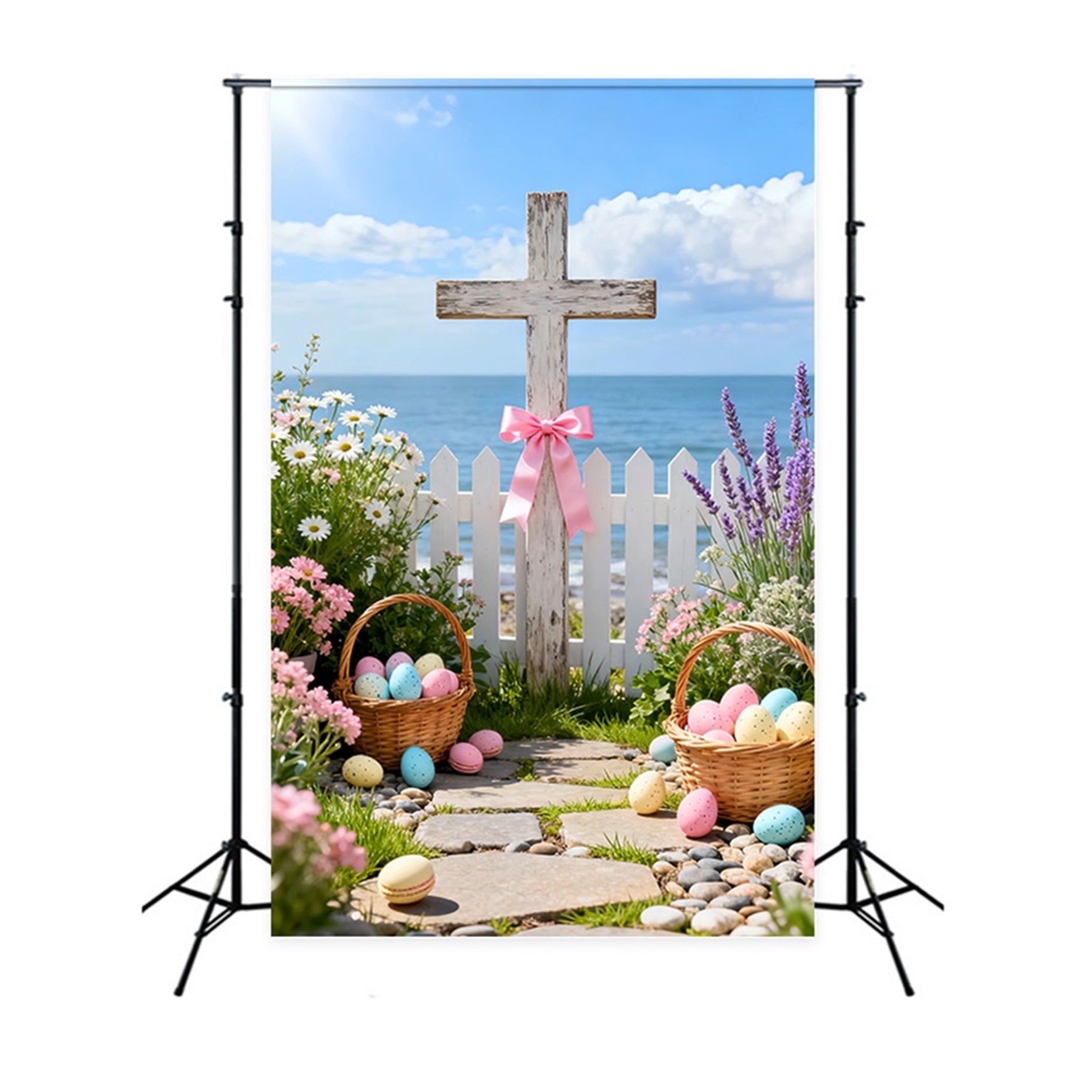 Cross Backdrop Wildflower Bouquet Egg Basket Easter Backdrop Photography UK LXX61-100