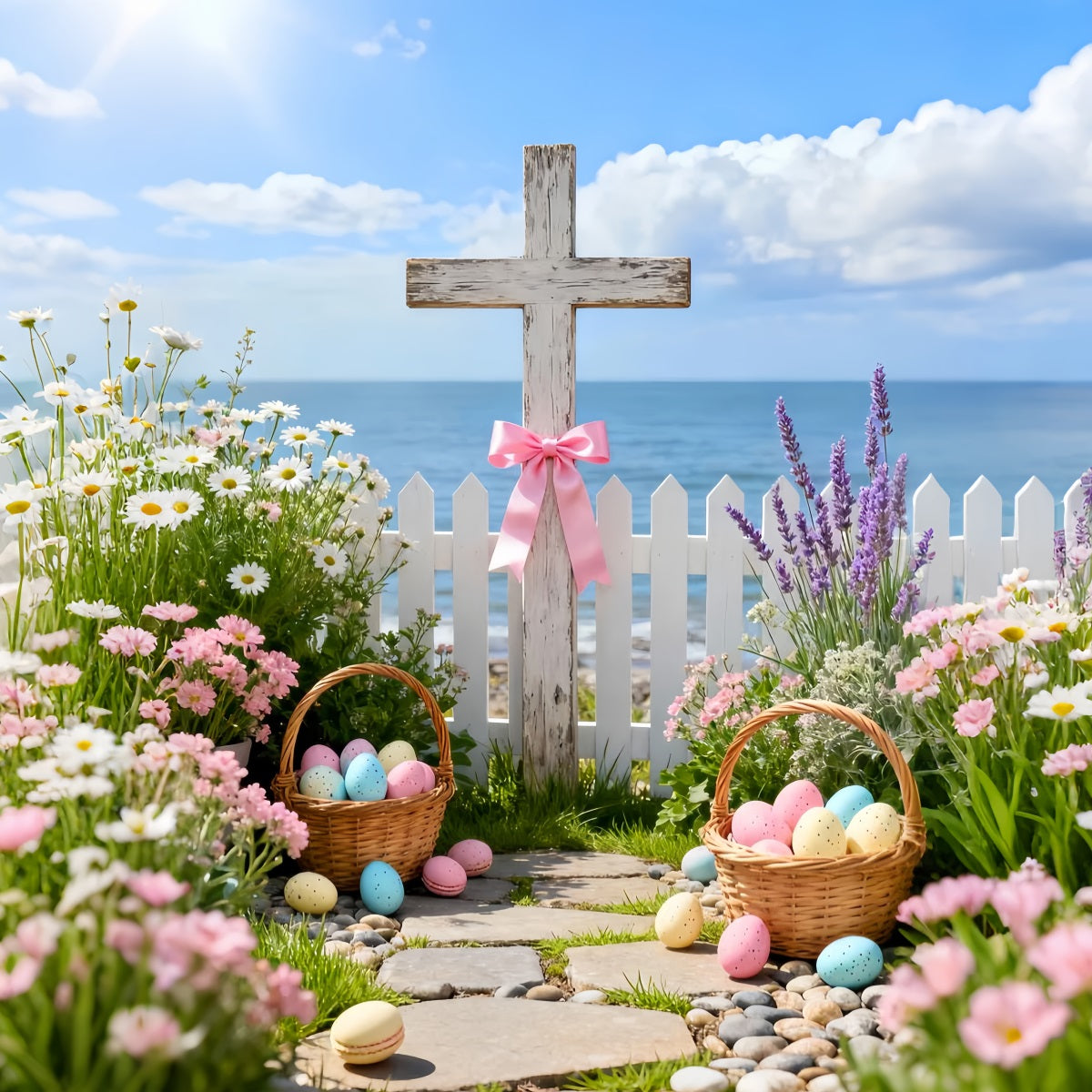 Cross Backdrop Wildflower Bouquet Egg Basket Easter Backdrop Photography UK LXX61-100