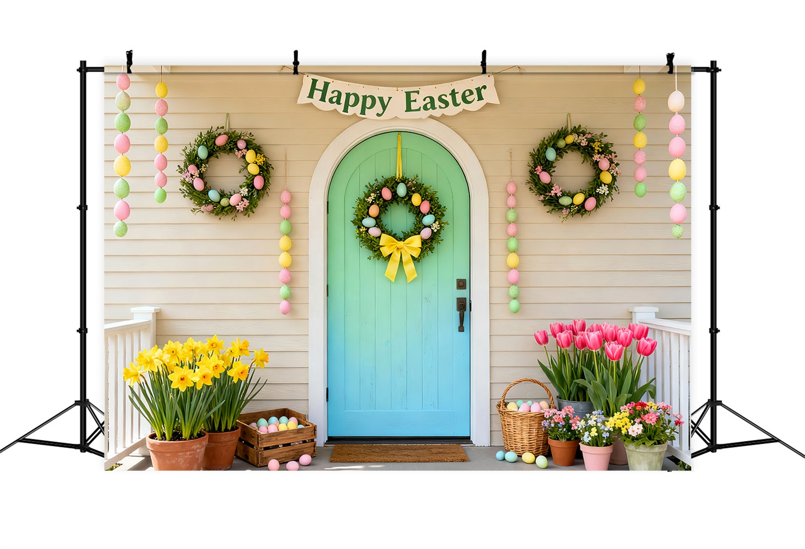 Happy Easter Backdrop Mint Door Pastel Wreath Porch Easter Picture Backdrops UK LXX61-103
