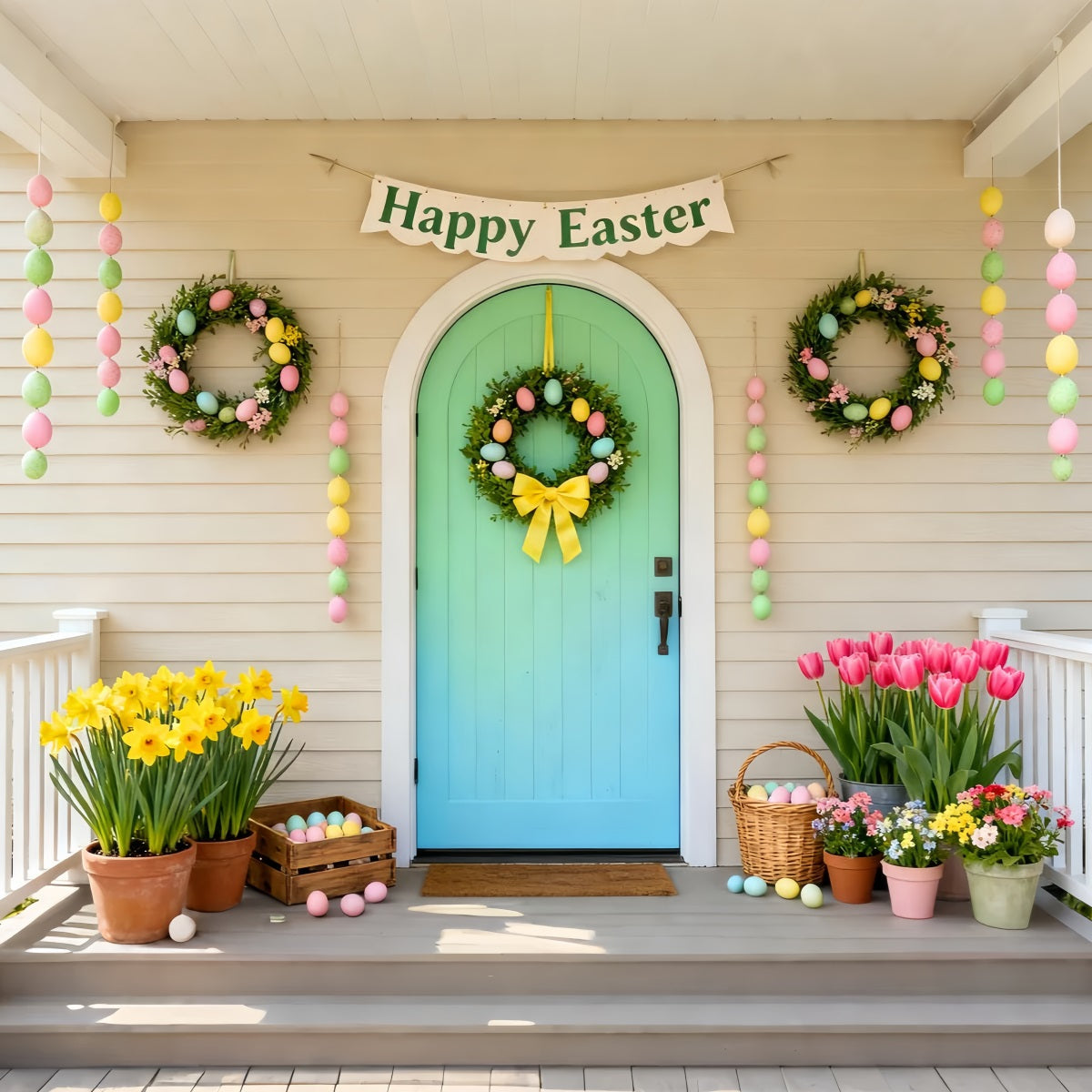 Happy Easter Backdrop Mint Door Pastel Wreath Porch Easter Picture Backdrops UK LXX61-103