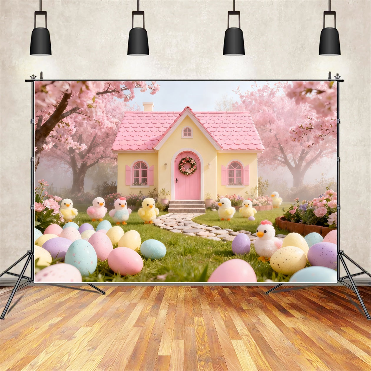 Marshmallow Chick Backdrop Cherry Blossom Cottage Garden Easter Photo Backdrop Ideas UK LXX61-104