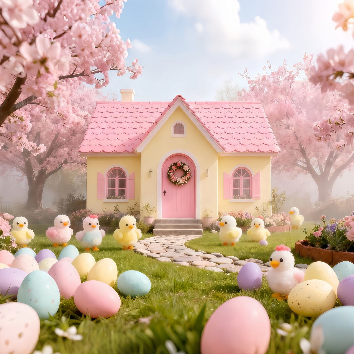 Marshmallow Chick Backdrop Cherry Blossom Cottage Garden Easter Photo Backdrop Ideas UK LXX61-104