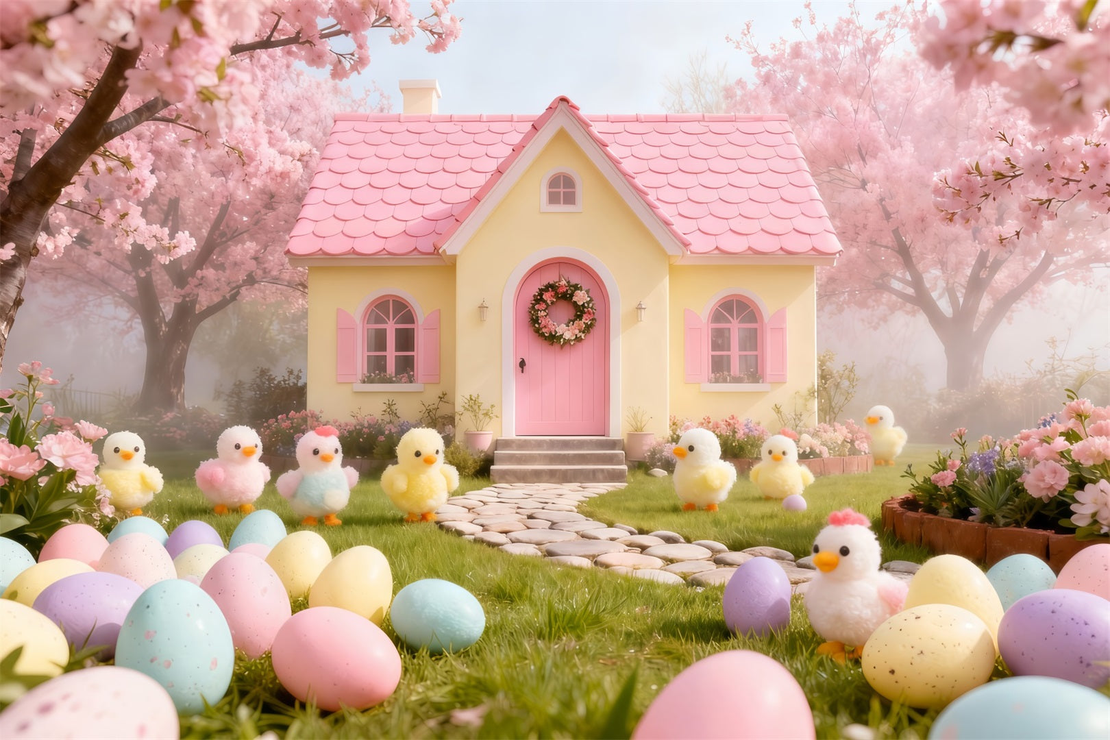 Marshmallow Chick Backdrop Cherry Blossom Cottage Garden Easter Photo Backdrop Ideas UK LXX61-104