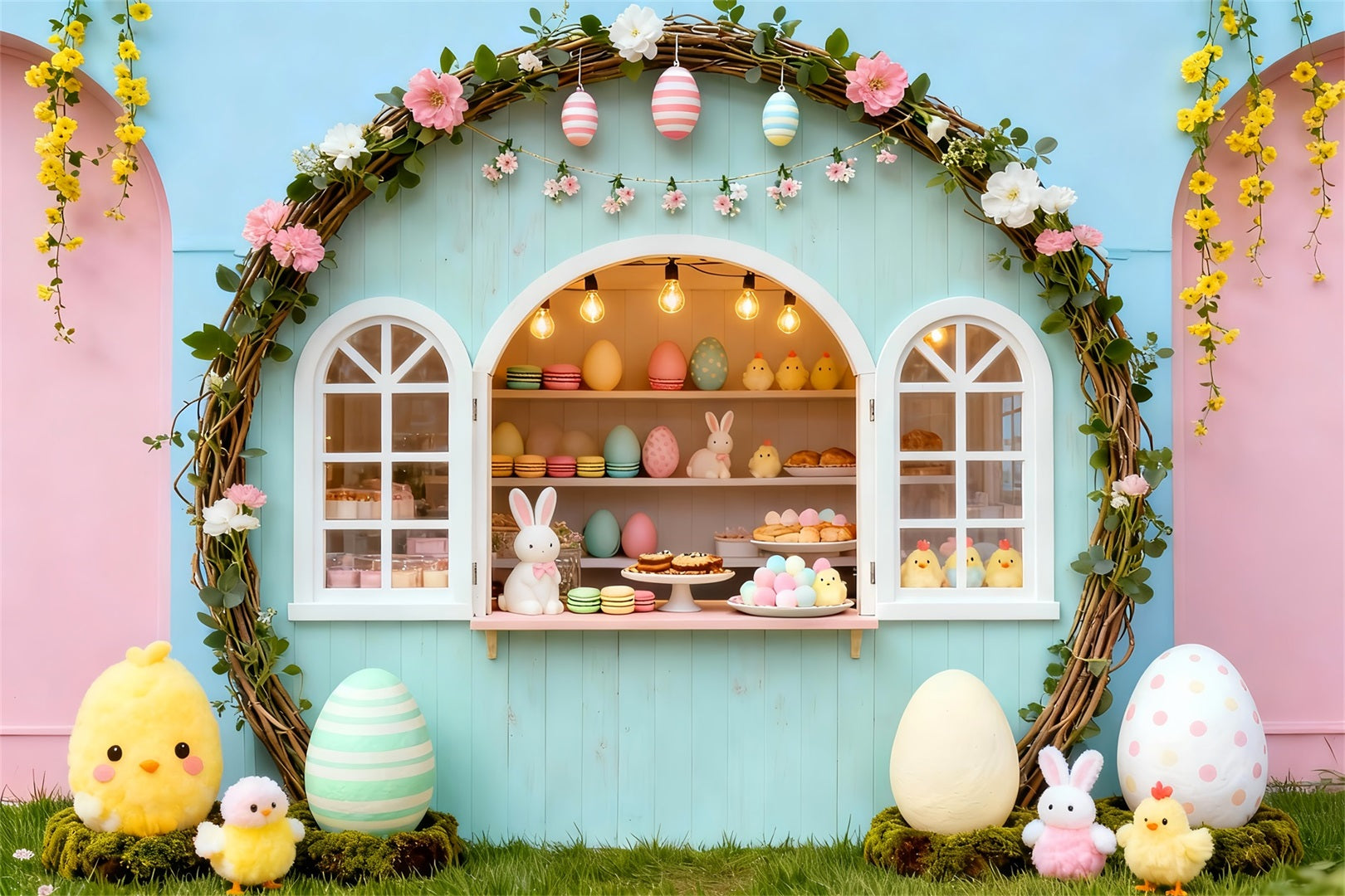 Marshmallow Chick Backdrop Pastel Arch Bunny Bakery Stand Easter Photo Backdrop Ideas UK LXX61-105