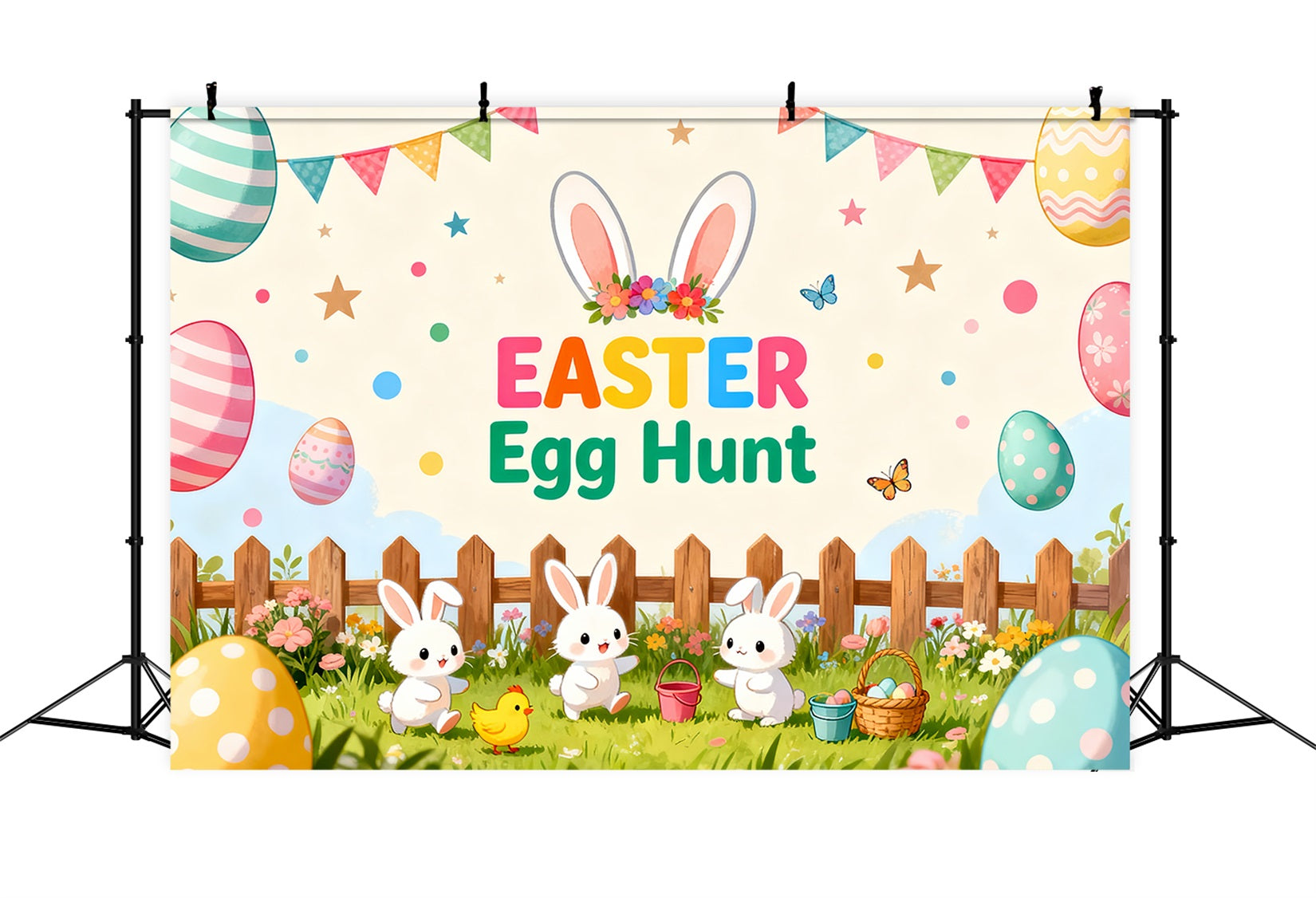 Egg Hunt Backdrop Playful Bunny Chicks Yard Easter Backdrop For Pictures UK LXX61-106