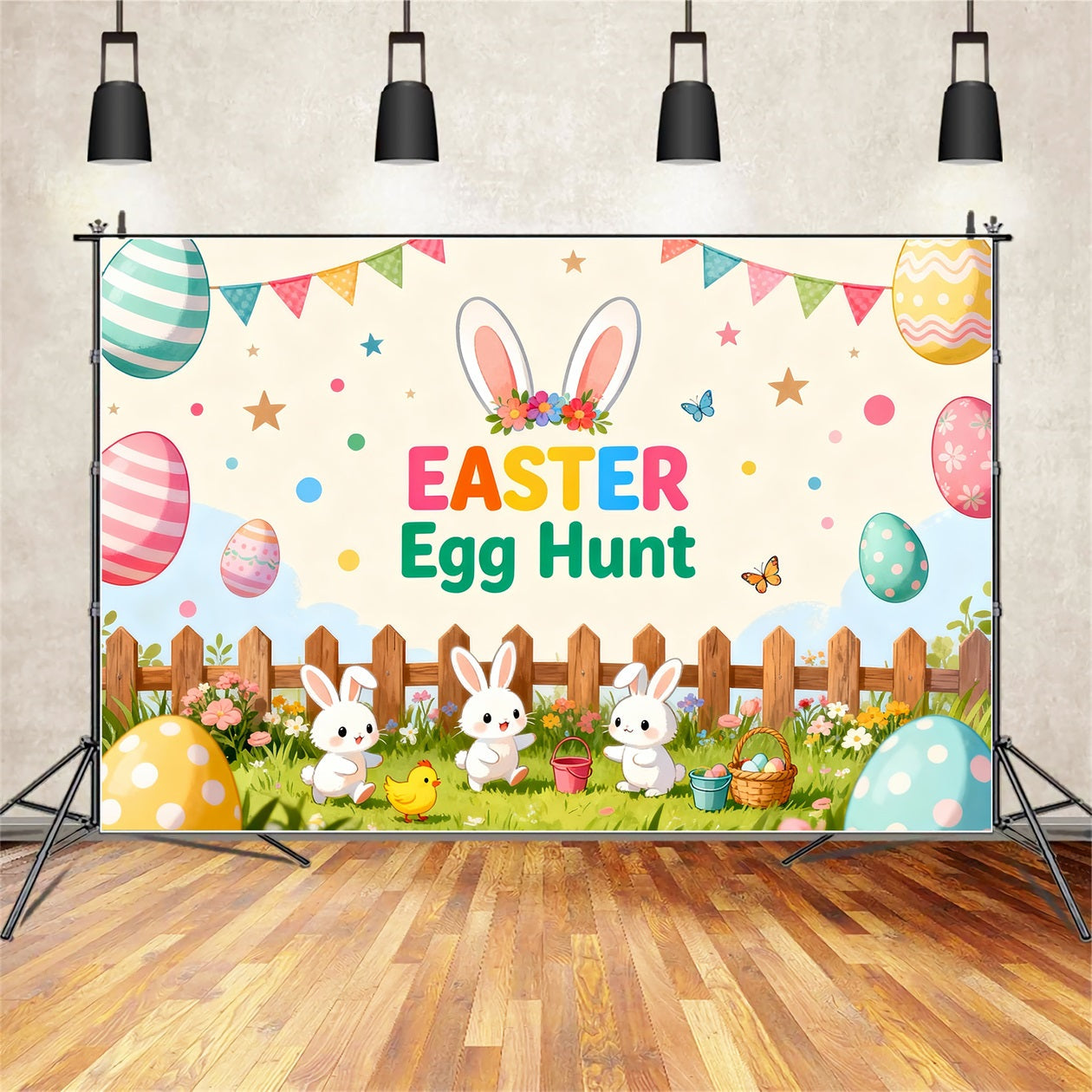 Egg Hunt Backdrop Playful Bunny Chicks Yard Easter Backdrop For Pictures UK LXX61-106