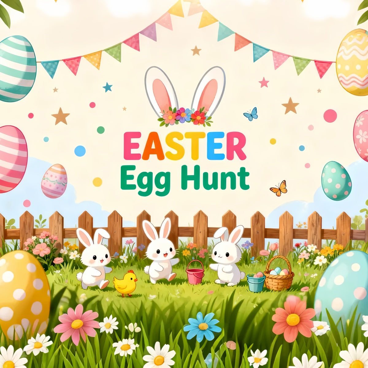 Egg Hunt Backdrop Playful Bunny Chicks Yard Easter Backdrop For Pictures UK LXX61-106