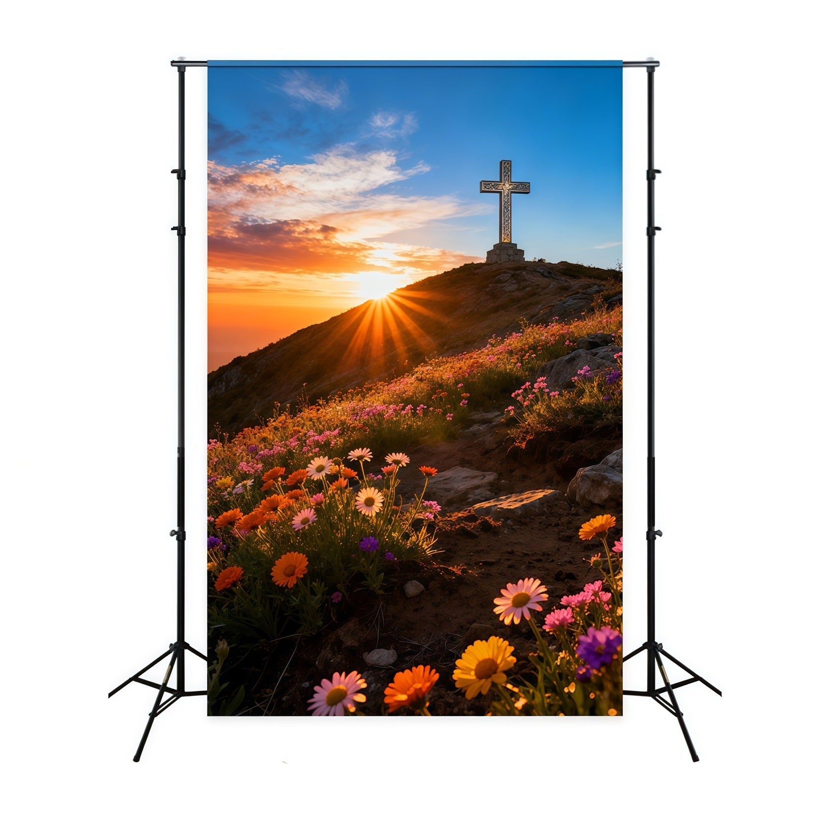 Cross And Lilies Backdrop Hilltop Sunrise Wildflowers Happy Easter Backdrop UK LXX61-107