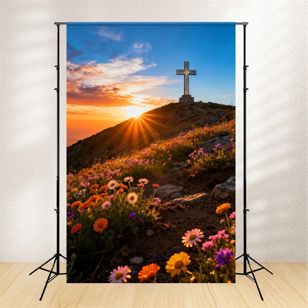 Cross And Lilies Backdrop Hilltop Sunrise Wildflowers Happy Easter Backdrop UK LXX61-107