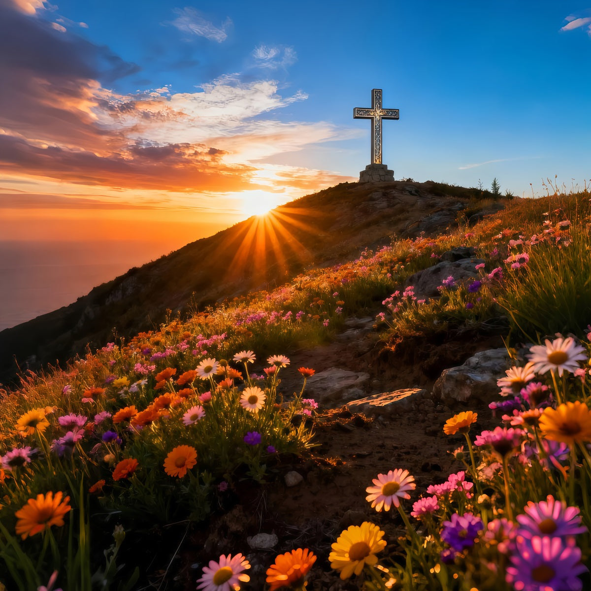 Cross And Lilies Backdrop Hilltop Sunrise Wildflowers Happy Easter Backdrop UK LXX61-107