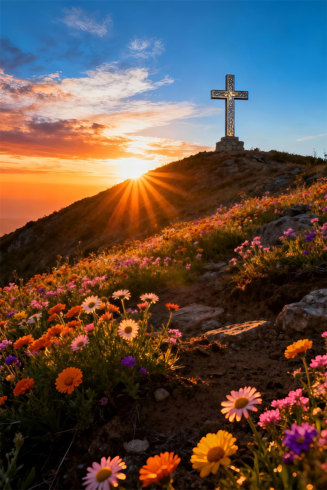 Cross And Lilies Backdrop Hilltop Sunrise Wildflowers Happy Easter Backdrop UK LXX61-107