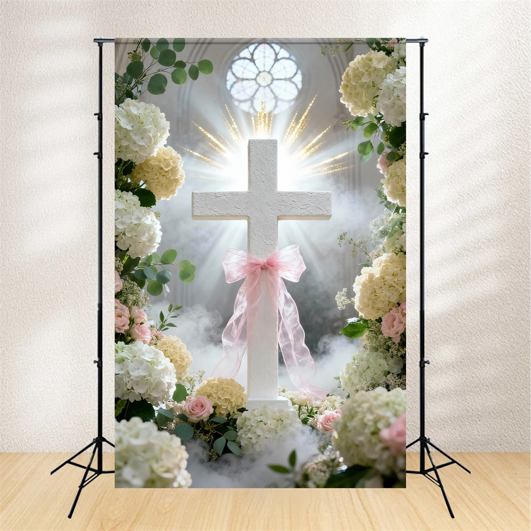 Cross And Lilies Backdrop Church Window Pink Ribbon Flowers Happy Easter Backdrop UK LXX61-108