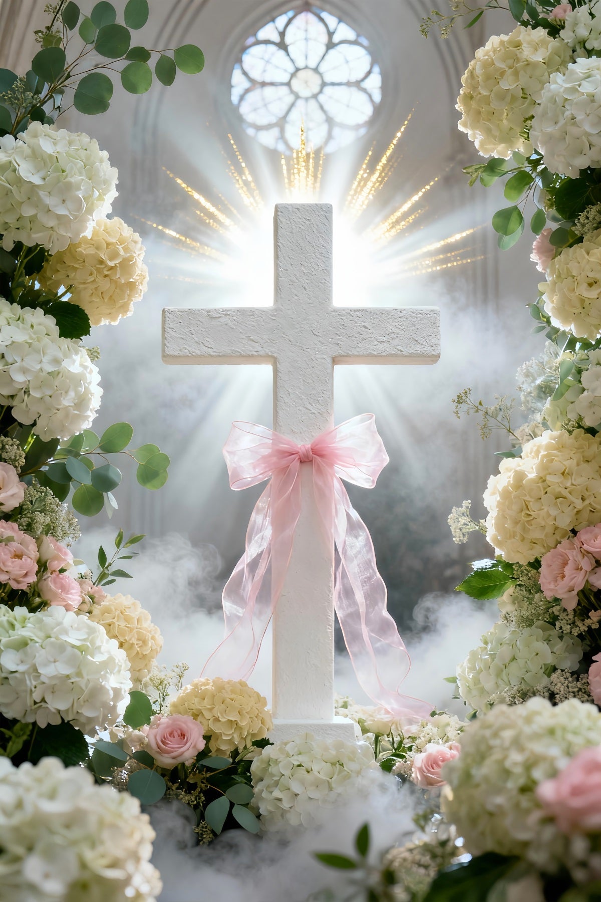 Cross And Lilies Backdrop Church Window Pink Ribbon Flowers Happy Easter Backdrop UK LXX61-108