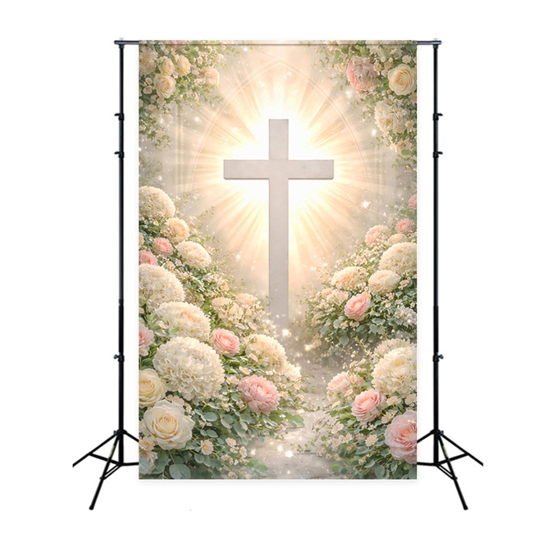 Cross And Lilies Backdrop Floral Arch Religious Sun Rays Happy Easter Backdrop UK LXX61-109