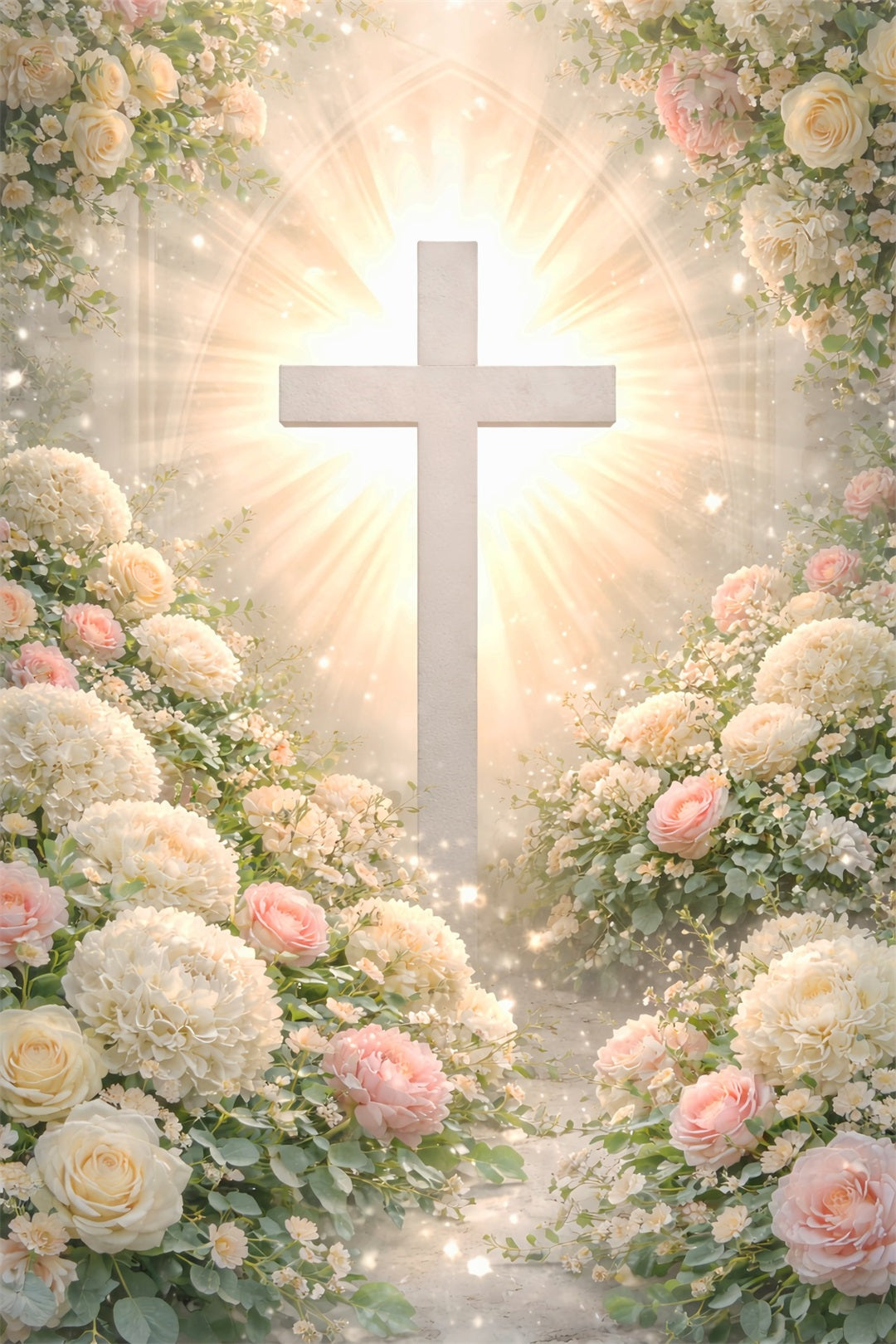 Cross And Lilies Backdrop Floral Arch Religious Sun Rays Happy Easter Backdrop UK LXX61-109