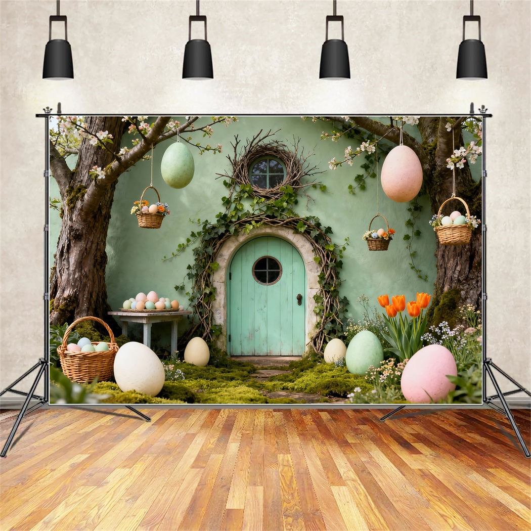 Bunny Burrow Backdrop Green Door Hanging Eggs Basket Easter Backdrops For Pictures UK LXX61-110