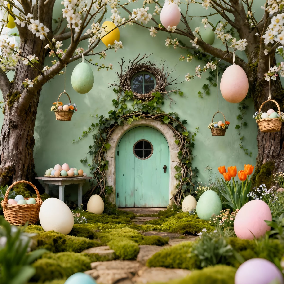 Bunny Burrow Backdrop Green Door Hanging Eggs Basket Easter Backdrops For Pictures UK LXX61-110