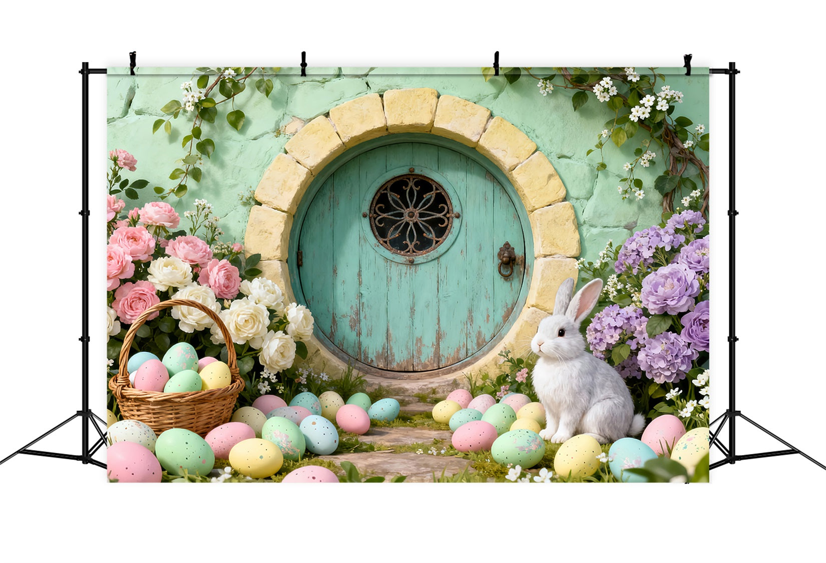 Bunny Burrow Backdrop Round Door Eggs Wildflower Easter Backdrops For Pictures UK LXX61-111