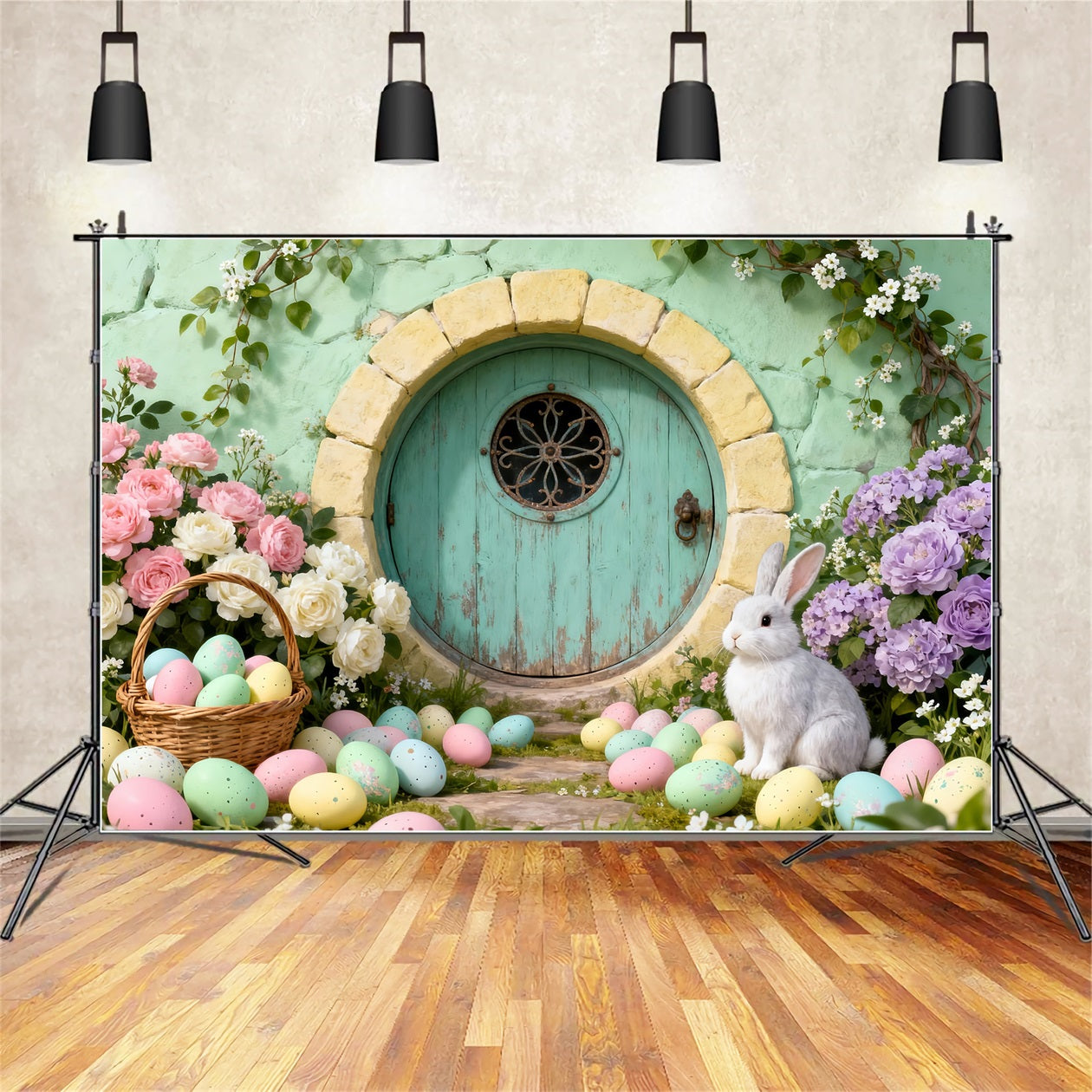 Bunny Burrow Backdrop Round Door Eggs Wildflower Easter Backdrops For Pictures UK LXX61-111