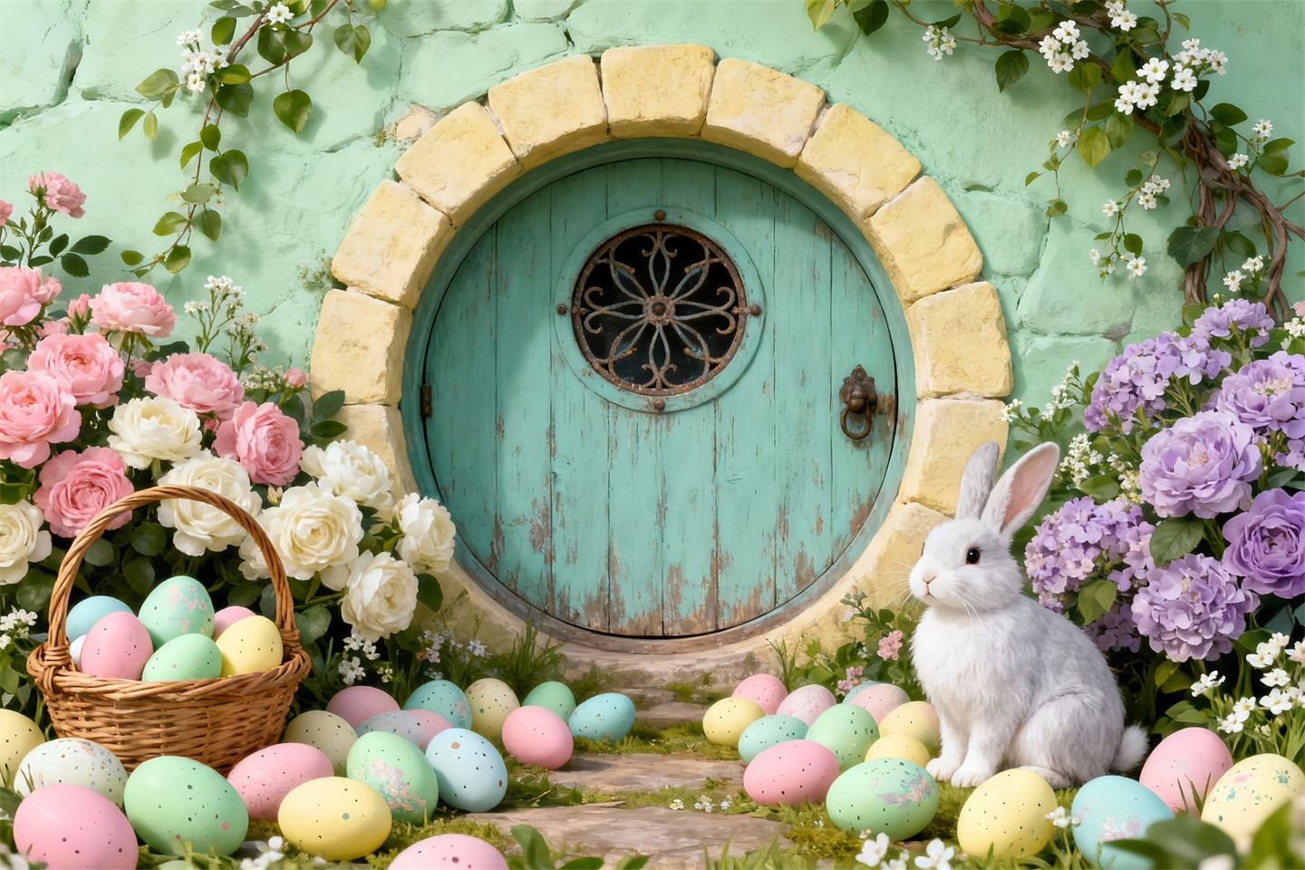 Bunny Burrow Backdrop Round Door Eggs Wildflower Easter Backdrops For Pictures UK LXX61-111