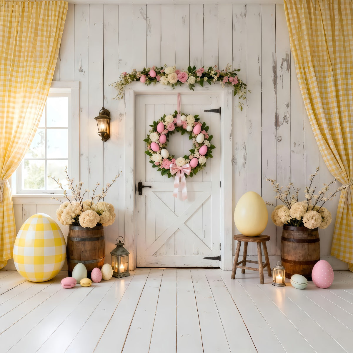 Easter Egg Backdrop White Door Wreath Yellow Curtain Easter Photoshoot Backdrop UK LXX61-112