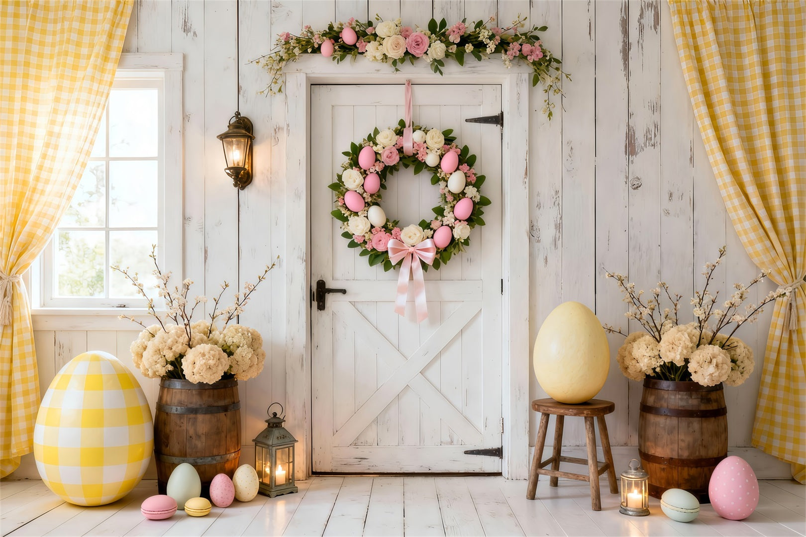 Easter Egg Backdrop White Door Wreath Yellow Curtain Easter Photoshoot Backdrop UK LXX61-112