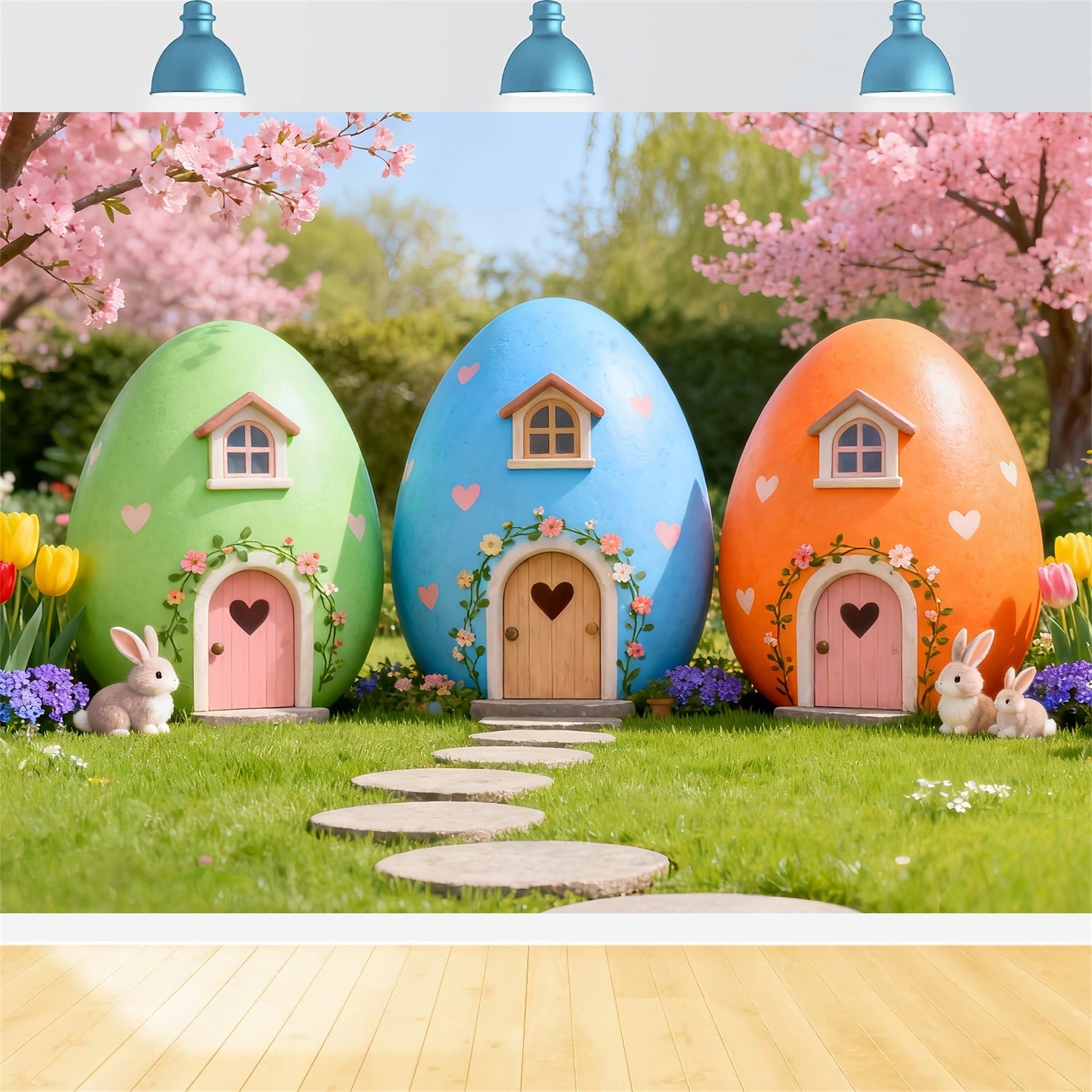 Easter Bunny Backdrop Cute House Bunny Cherry Blossom Tulip Backdrop Easter UK LXX61-114