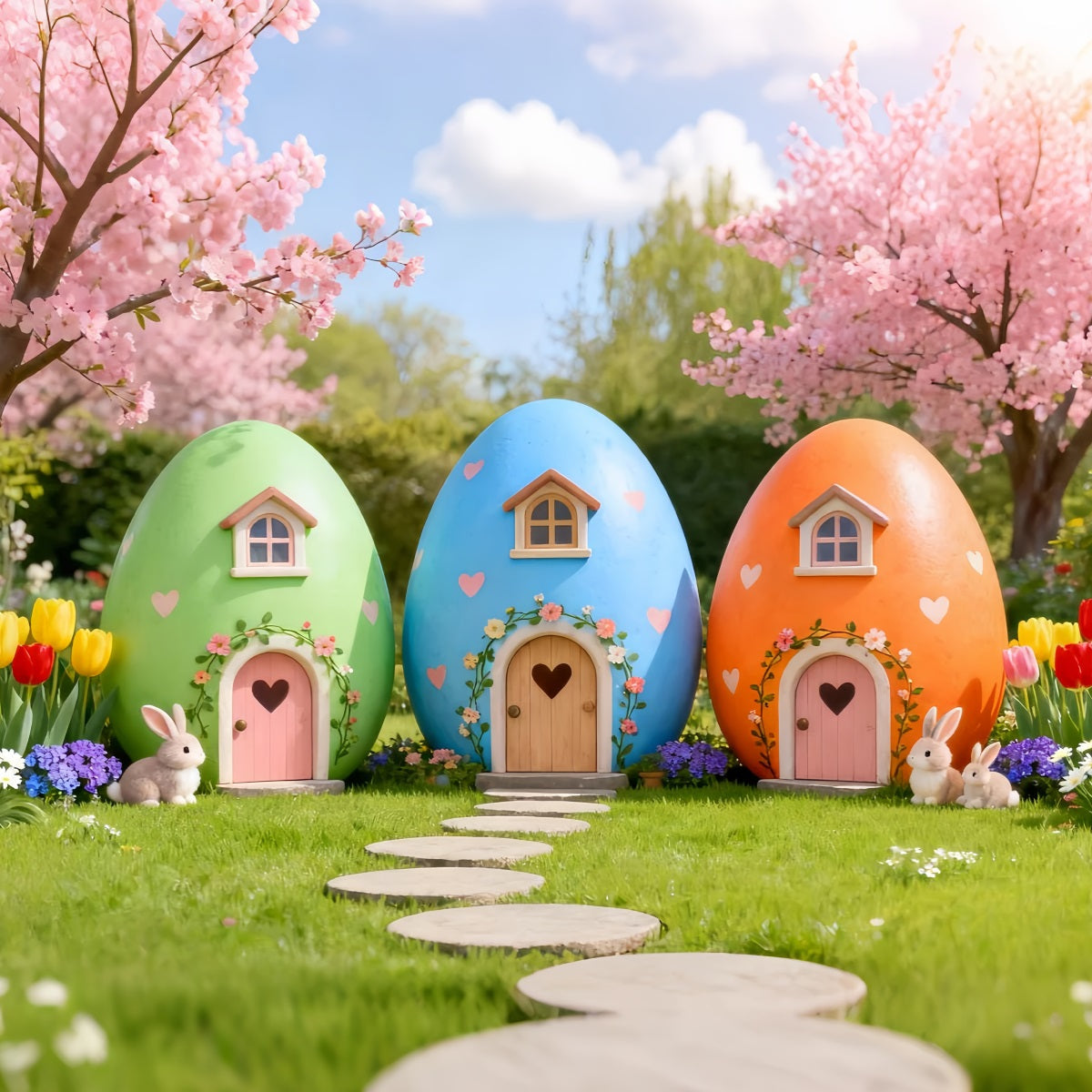 Easter Bunny Backdrop Cute House Bunny Cherry Blossom Tulip Backdrop Easter UK LXX61-114