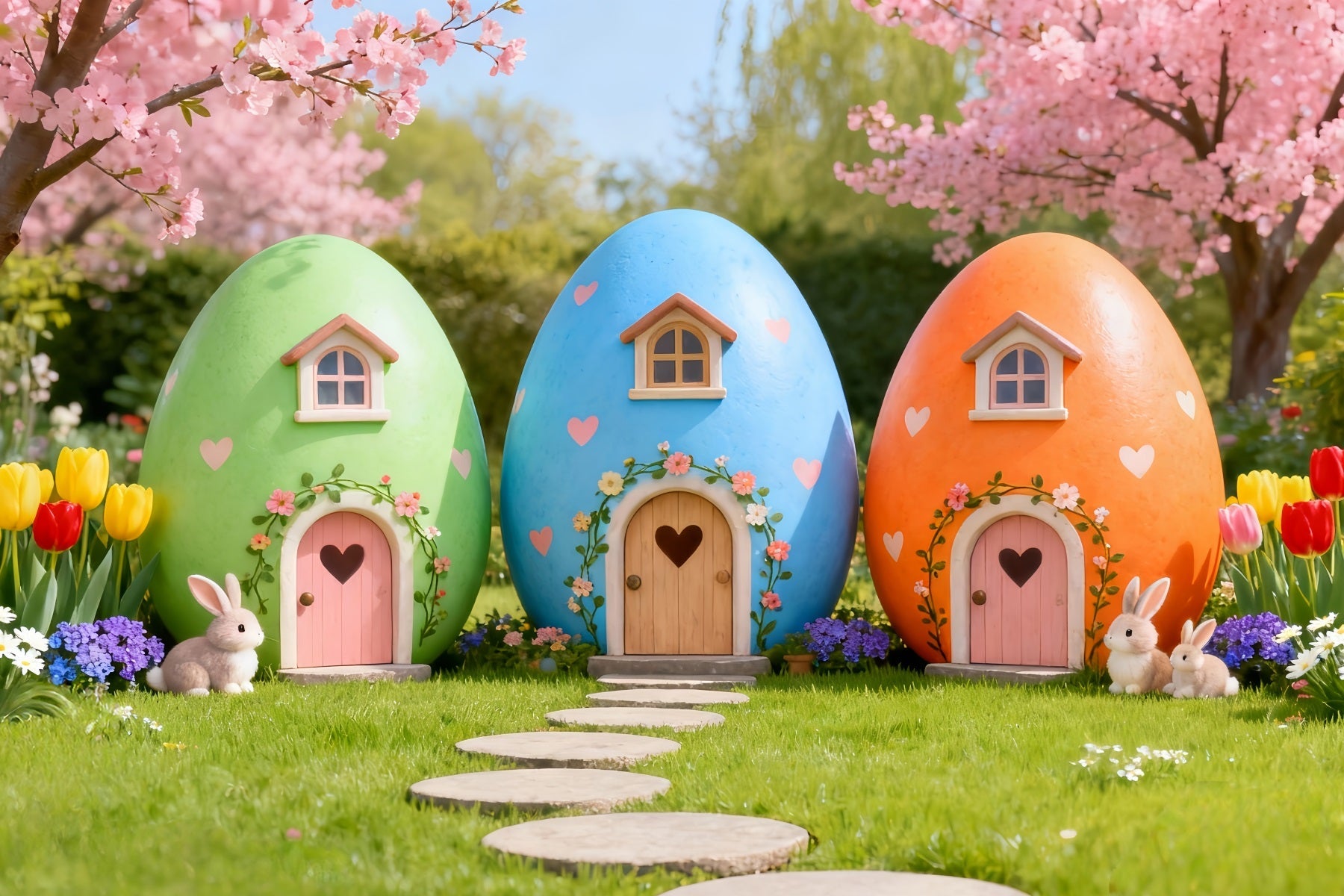 Easter Bunny Backdrop Cute House Bunny Cherry Blossom Tulip Backdrop Easter UK LXX61-114