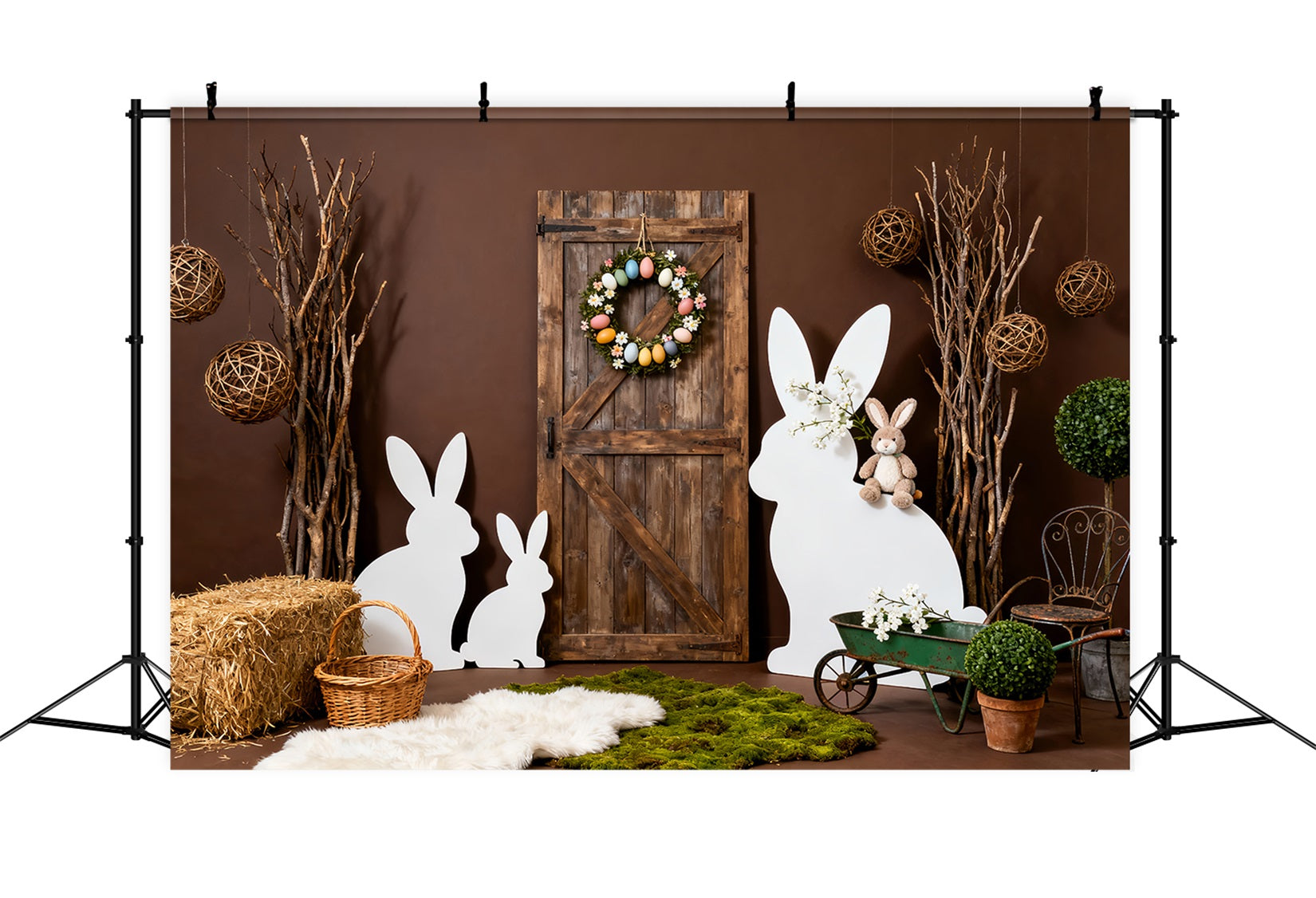 Easter Bunny Silhouette Backdrop Rustic Wooden Door Wreath Backdrop For Easter UK LXX61-116