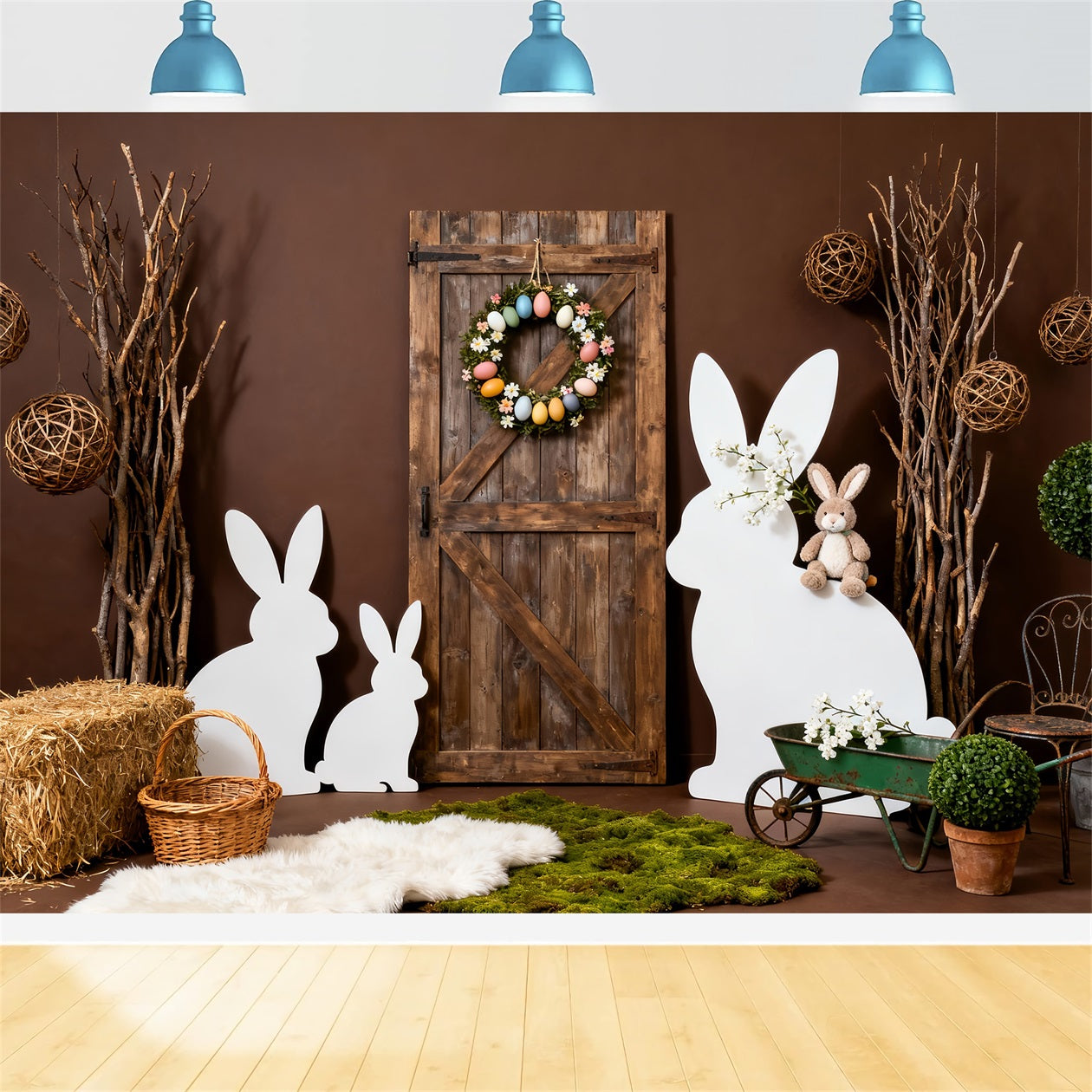 Easter Bunny Silhouette Backdrop Rustic Wooden Door Wreath Backdrop For Easter UK LXX61-116