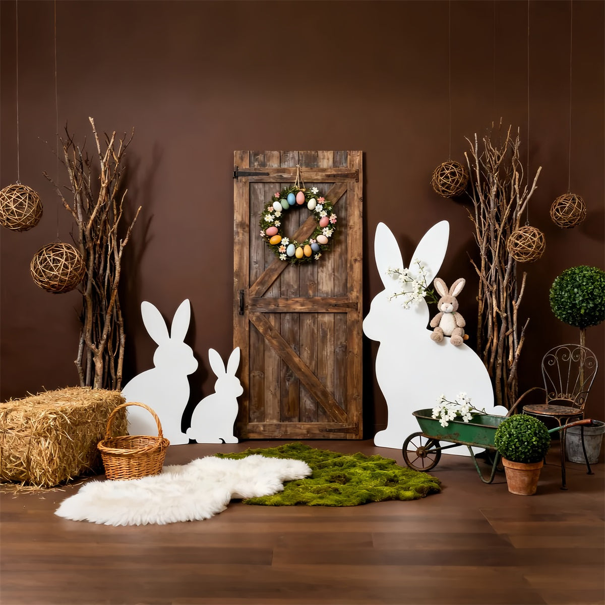 Easter Bunny Silhouette Backdrop Rustic Wooden Door Wreath Backdrop For Easter UK LXX61-116